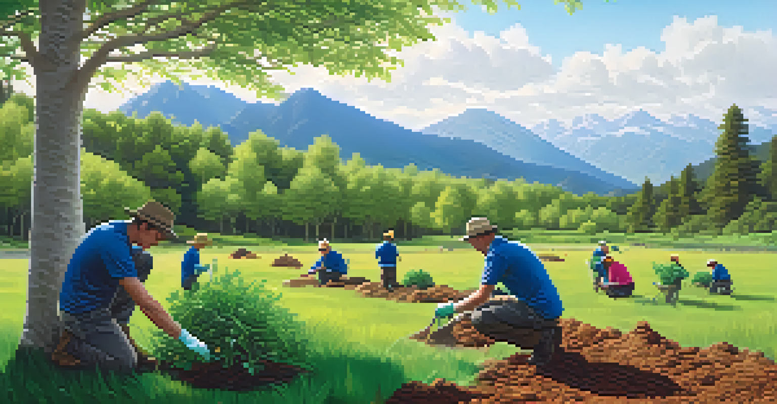 A traveler planting a young tree in a national park, with other volunteers in the background and mountains visible in the distance.