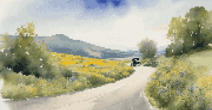 A traveler beside a vintage car on a winding road surrounded by greenery and wildflowers, looking at a map.