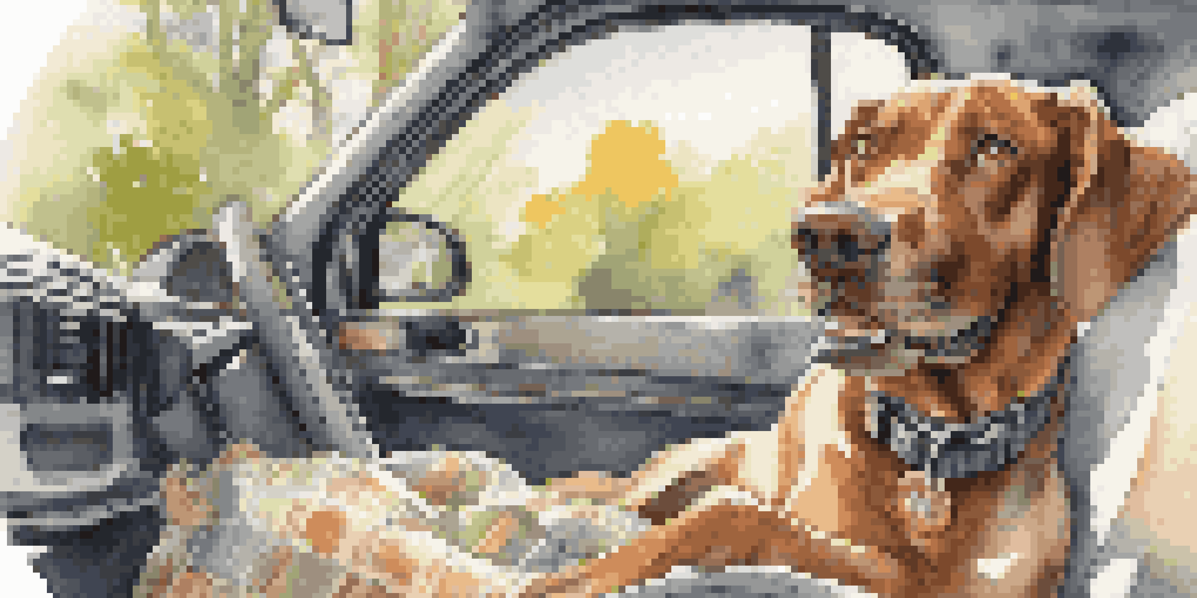 A happy dog secured in a harness inside a car, looking out the window with sunlight streaming in.