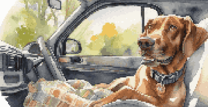 A happy dog secured in a harness inside a car, looking out the window with sunlight streaming in.