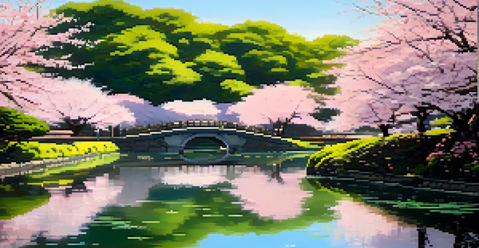 A tranquil pond surrounded by blooming cherry blossom trees in Shinjuku Gyoen National Garden, reflecting the pink flowers in the water under soft sunlight.