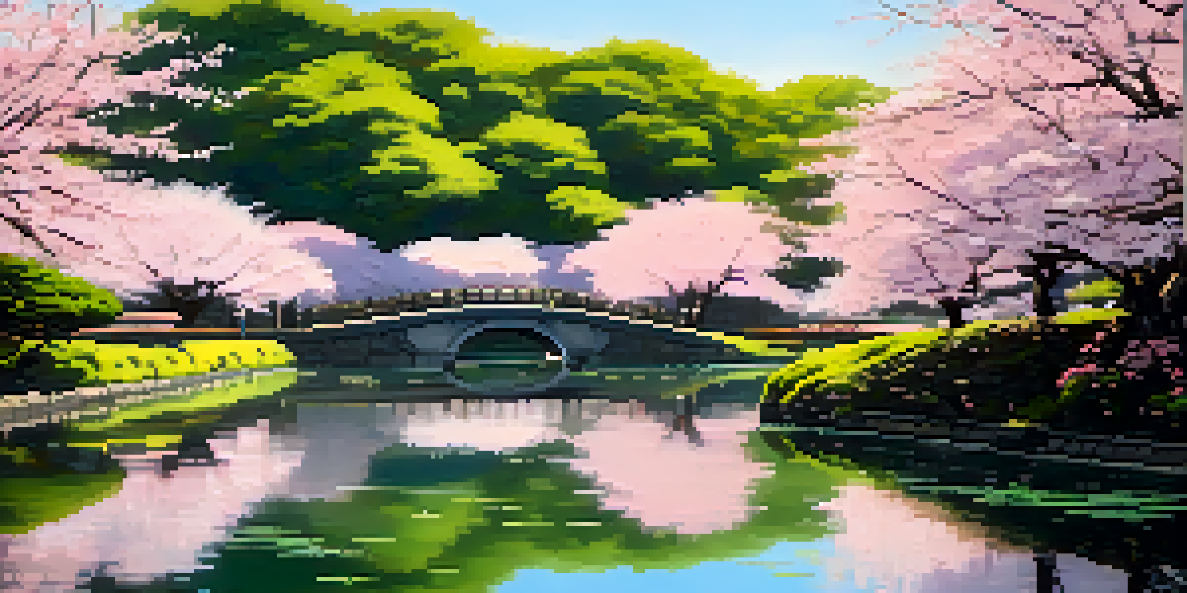 A tranquil pond surrounded by blooming cherry blossom trees in Shinjuku Gyoen National Garden, reflecting the pink flowers in the water under soft sunlight.