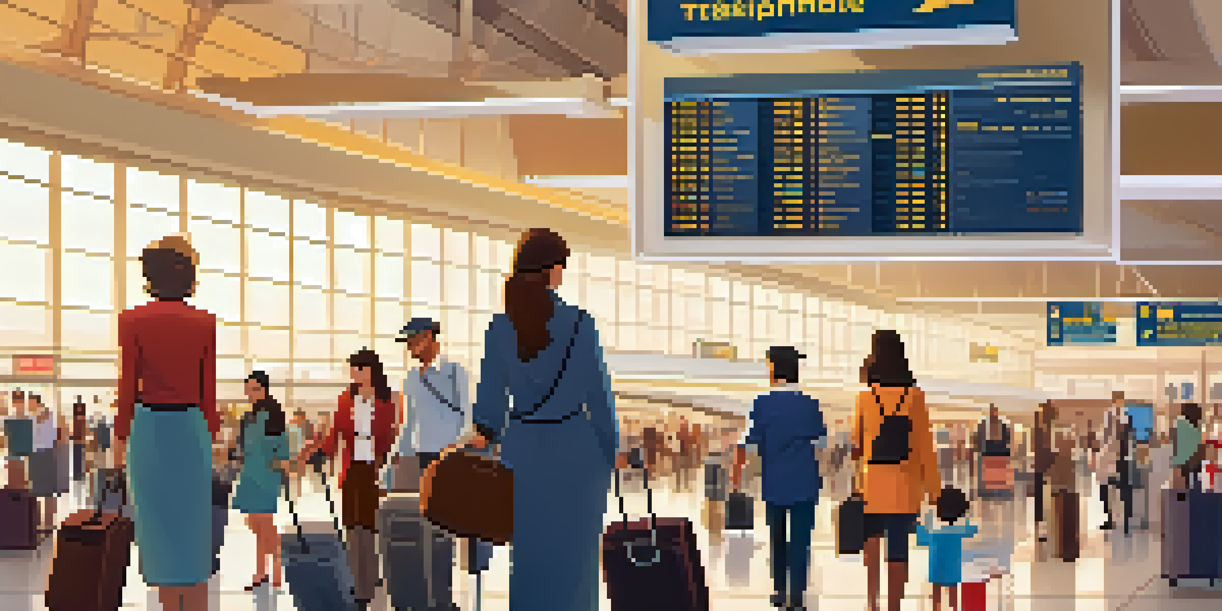 A busy airport terminal with travelers checking boarding passes and luggage, featuring a family with children and a flight attendant assisting a traveler.