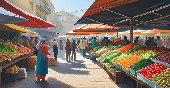 A lively local market with colorful stalls and people interacting, full of fresh produce and spices, illuminated by warm sunlight.