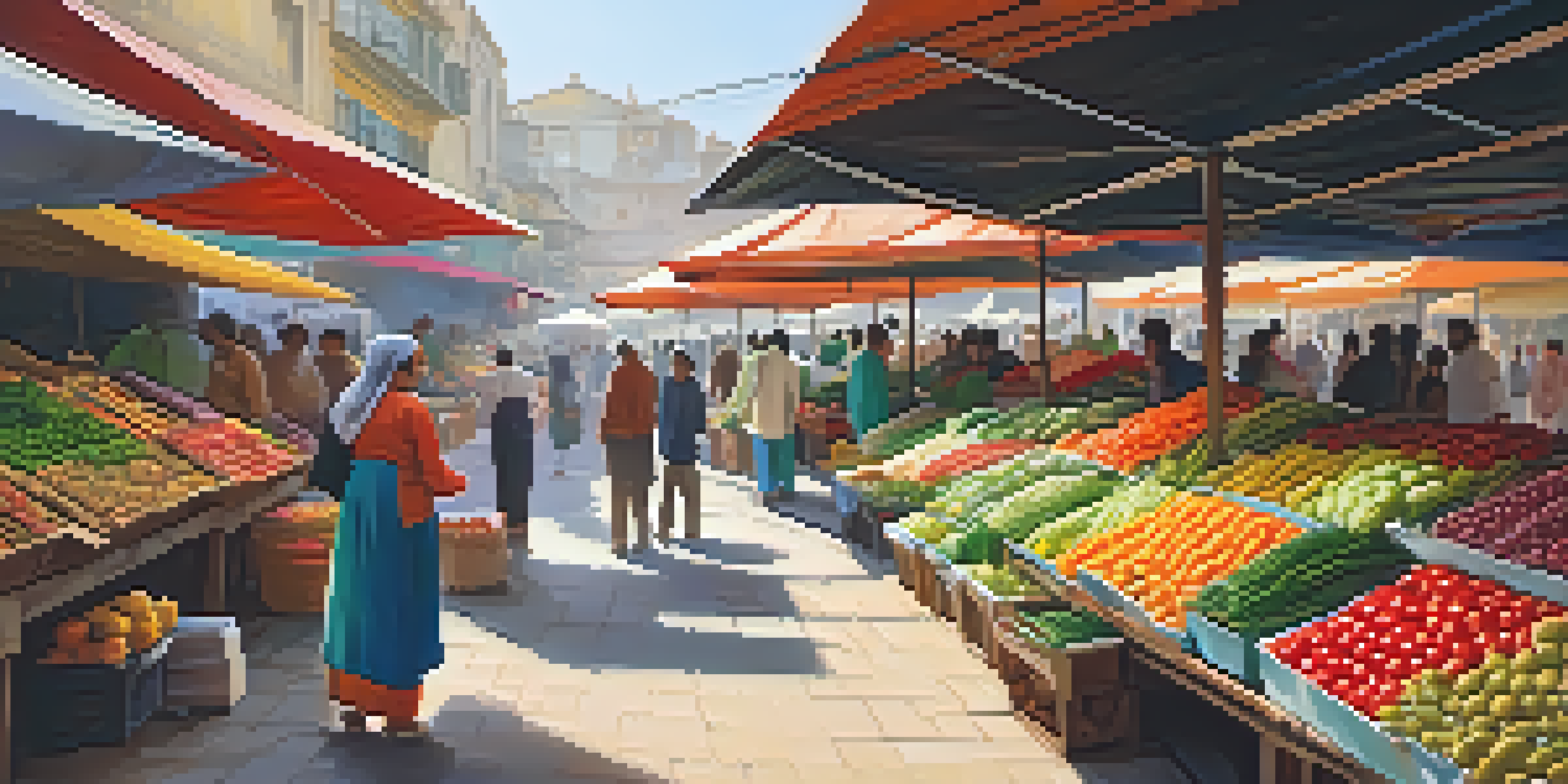 A lively local market with colorful stalls and people interacting, full of fresh produce and spices, illuminated by warm sunlight.
