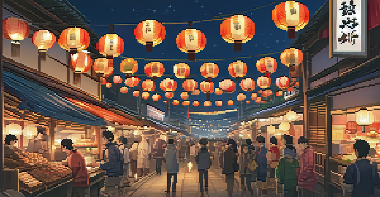 A lively Japanese street food market with colorful stalls and people enjoying food, illuminated by glowing lanterns in the evening.