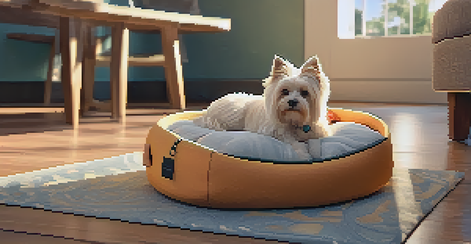 A cozy pet space with a bed, toys, and food bowls, illuminated by soft lighting for a welcoming atmosphere.
