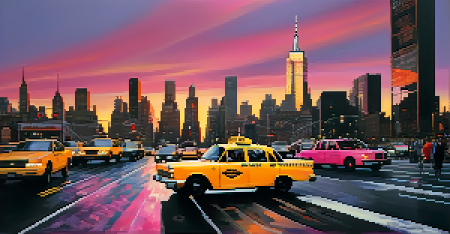 New York City skyline at sunset with vibrant colors and bustling streets.
