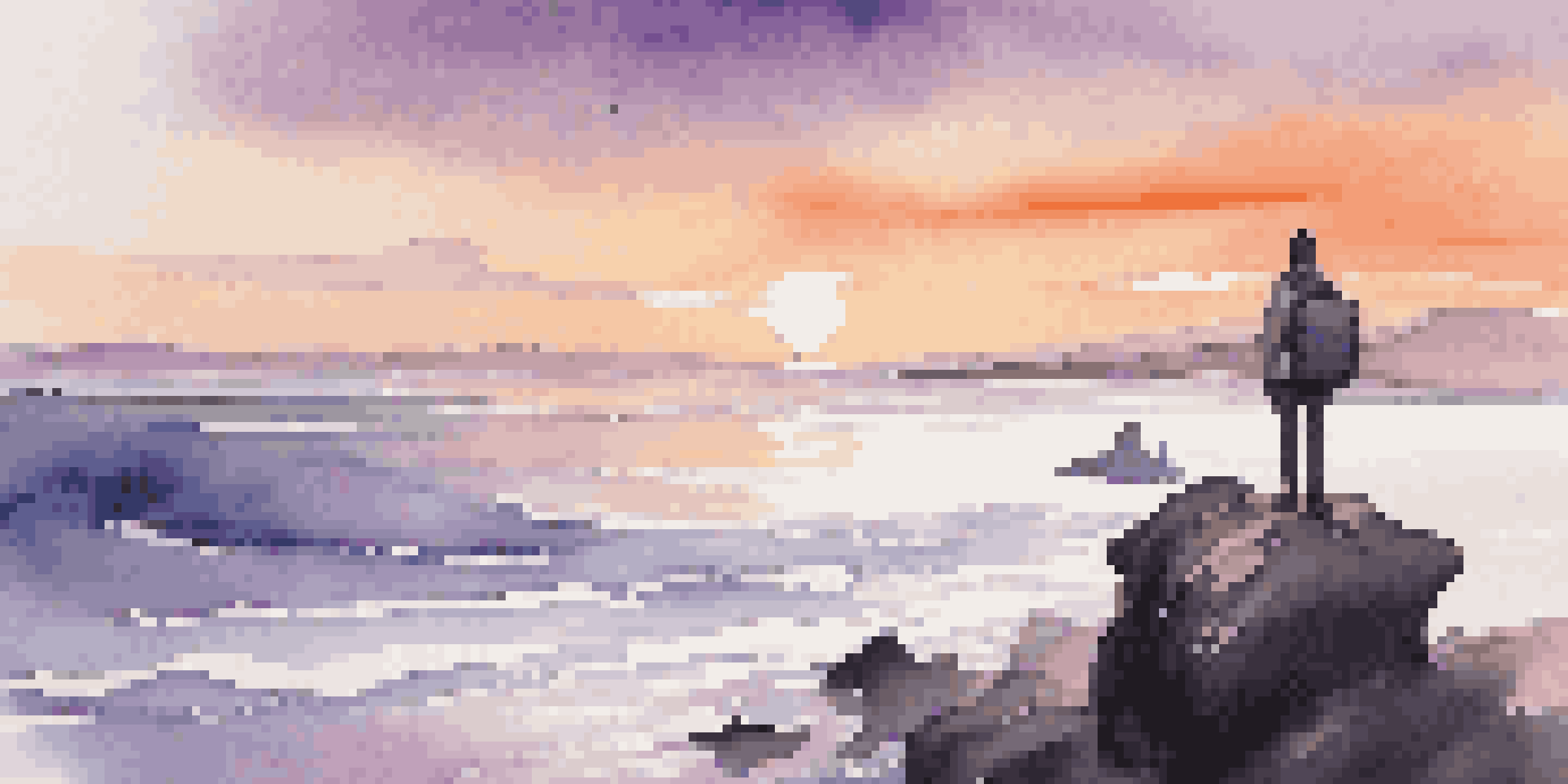 A minimalist traveler on a cliff looking at the ocean during sunset, with vibrant colors in the sky.