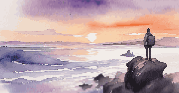 A minimalist traveler on a cliff looking at the ocean during sunset, with vibrant colors in the sky.