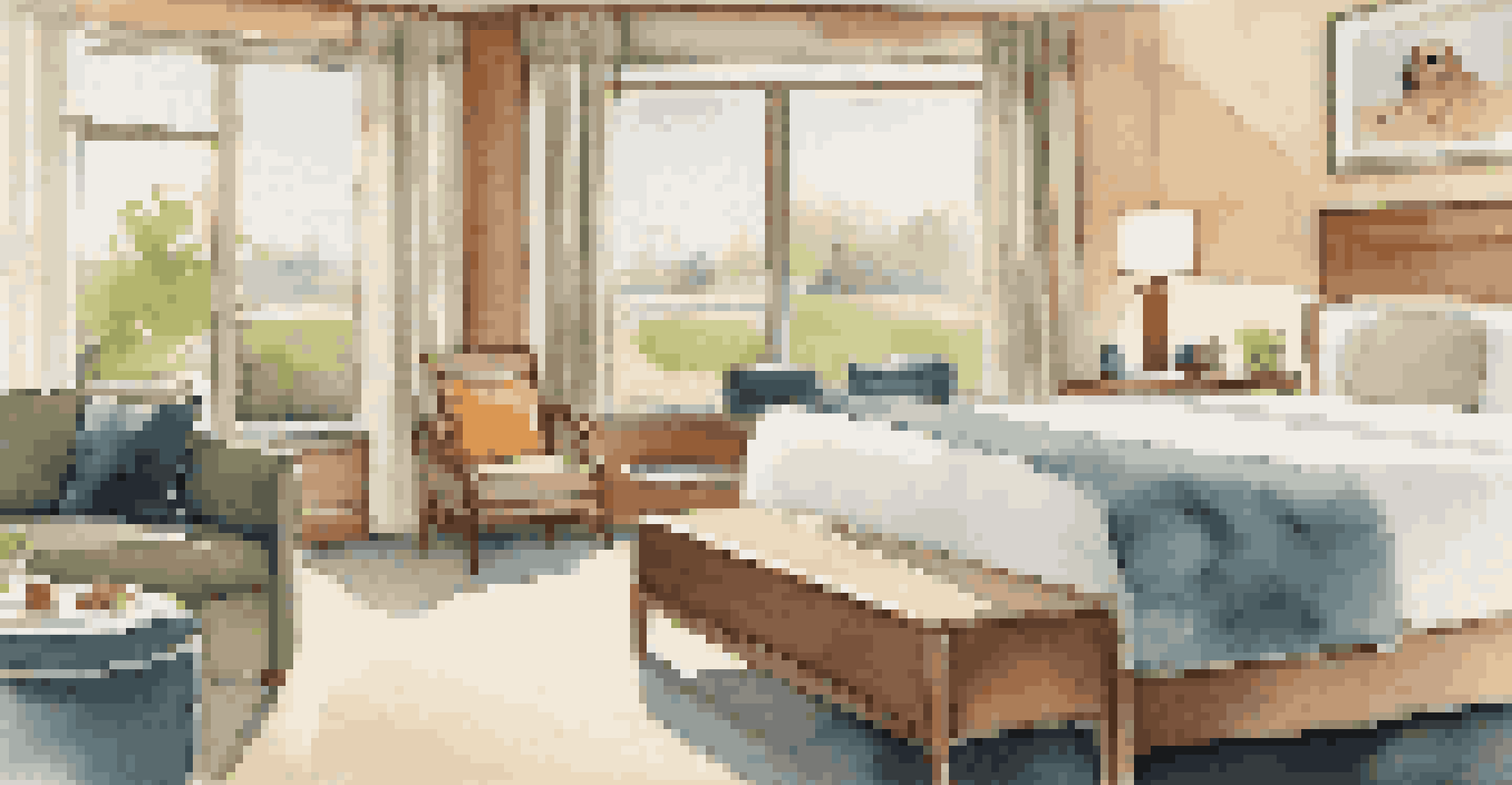 A pet-friendly hotel room with a cozy bed and bowls for a pet, and a view of a nearby park.