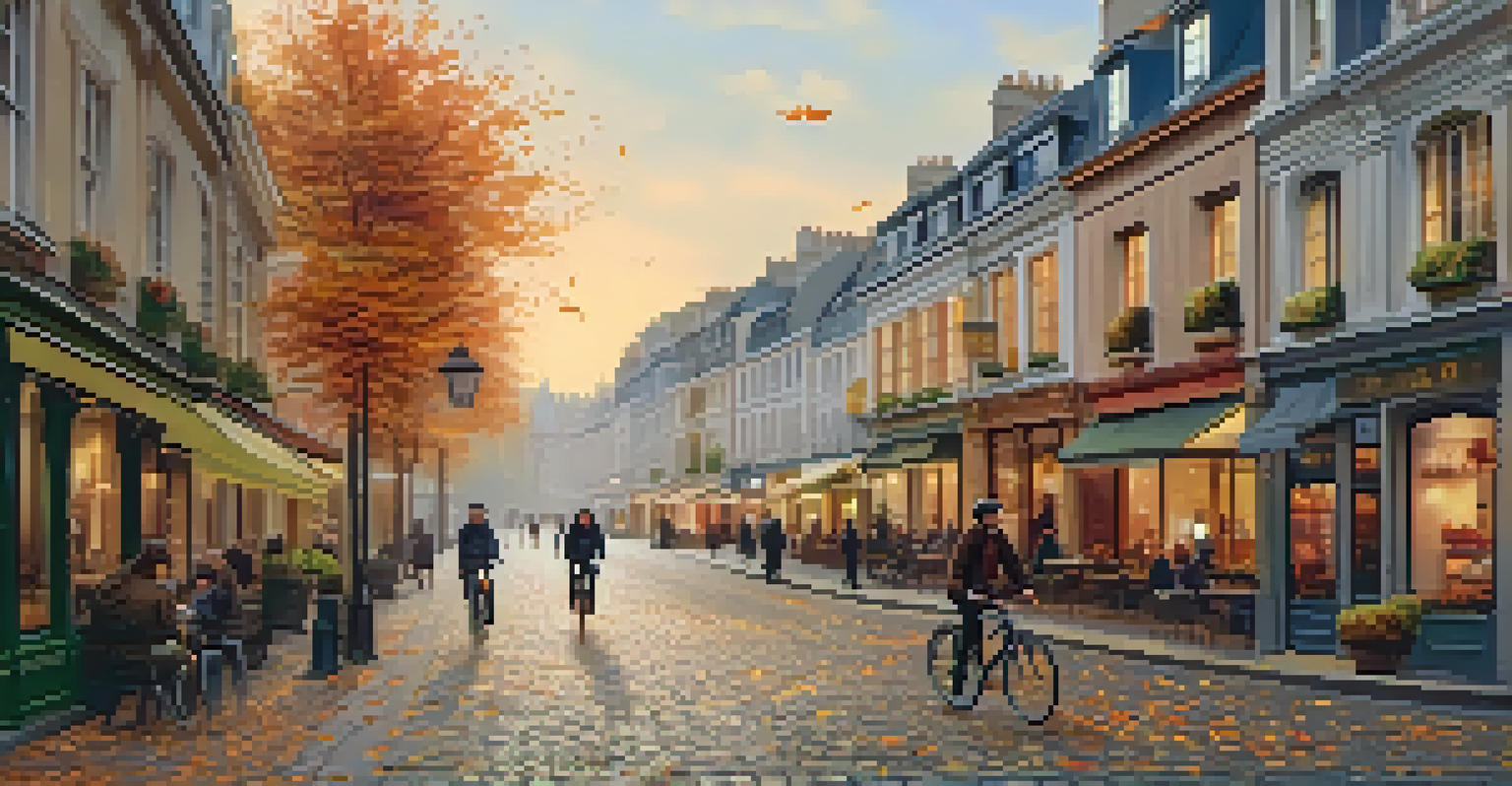 A quiet cobblestone street in a European city with cafes, shops, and cyclists, illuminated by warm autumn light.