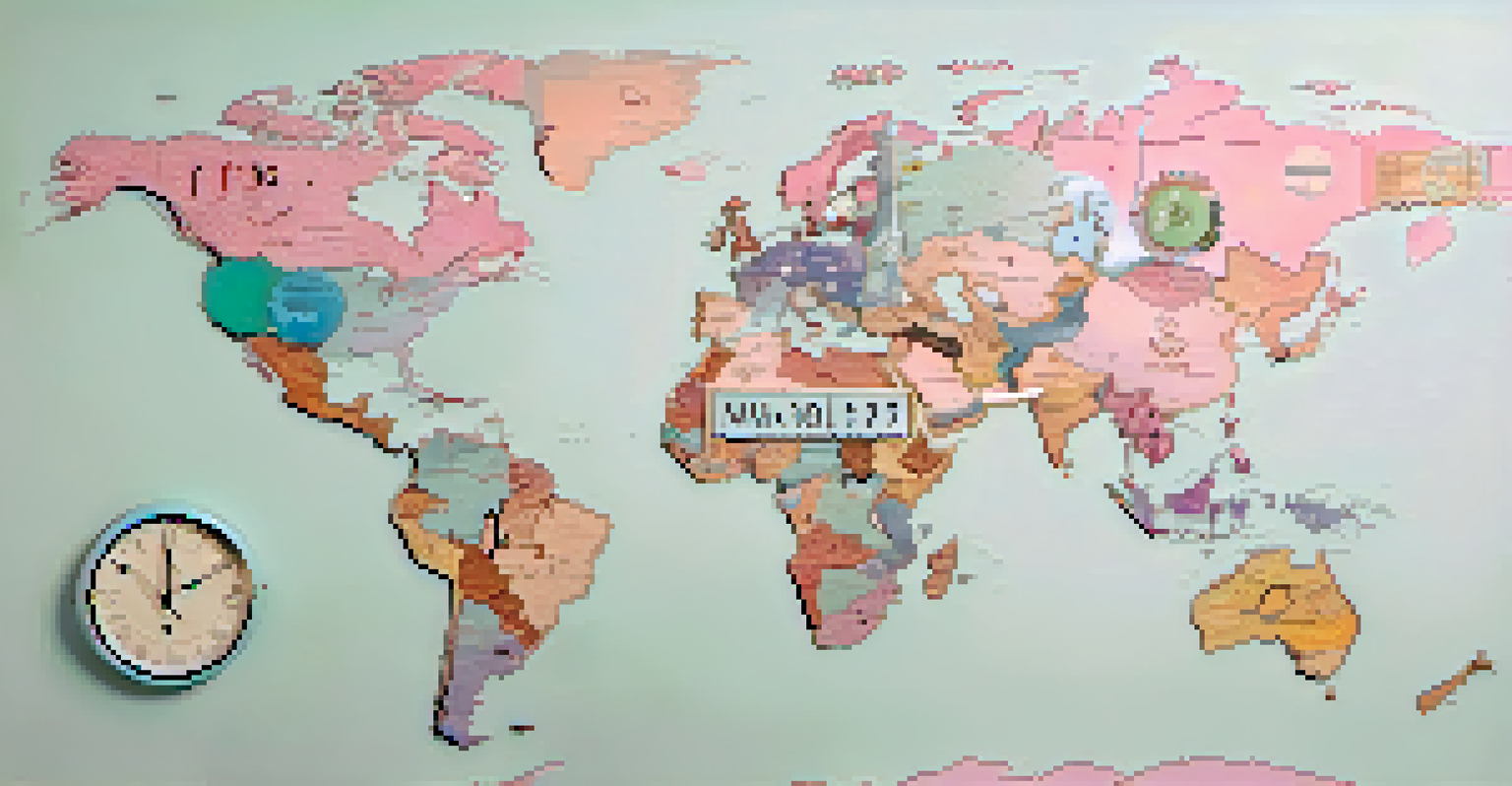 A world clock showing different time zones with family icons connected by lines against a map background.