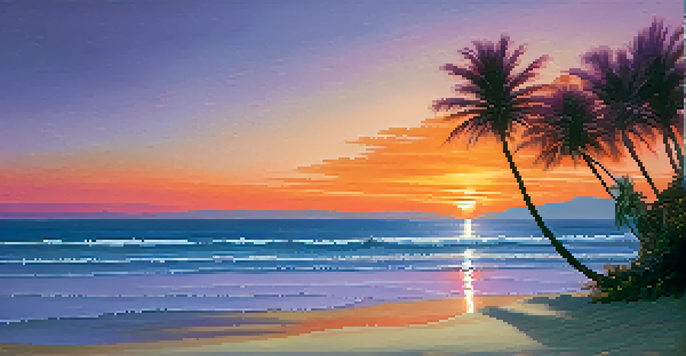 A tranquil beach at sunset with colorful sky and gentle waves.