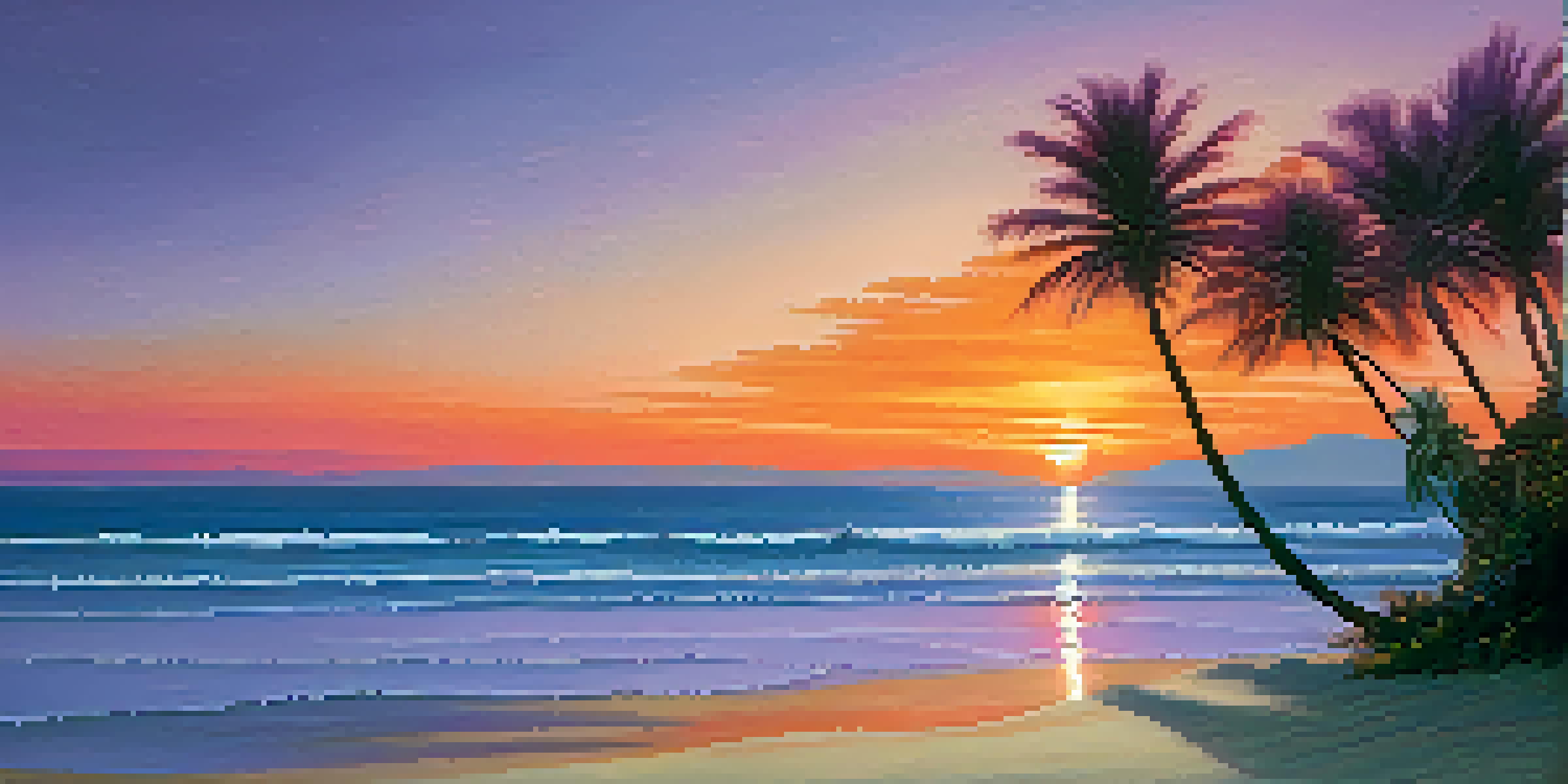 A tranquil beach at sunset with colorful sky and gentle waves.