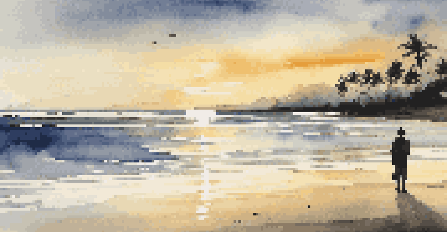 A peaceful beach in Bali at sunset, with golden reflections on water, silhouetted palm trees, and a figure standing on the shore, gazing at the horizon.