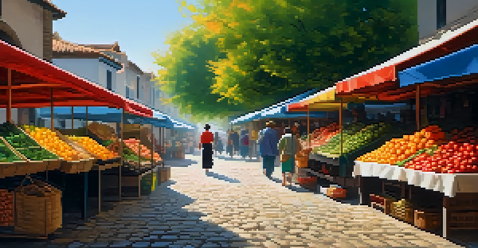 A minimalist traveler walks through a lively market, surrounded by colorful stalls and dappled sunlight.