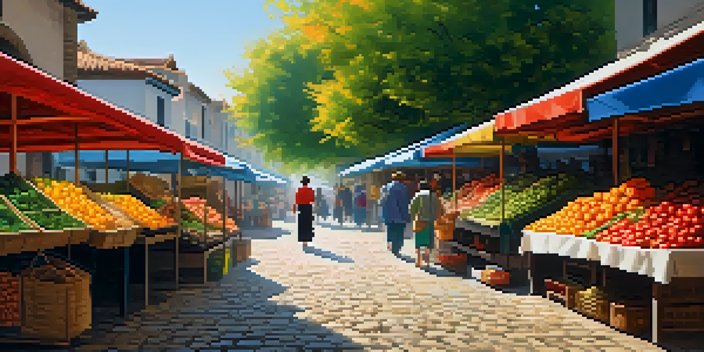 A minimalist traveler walks through a lively market, surrounded by colorful stalls and dappled sunlight.