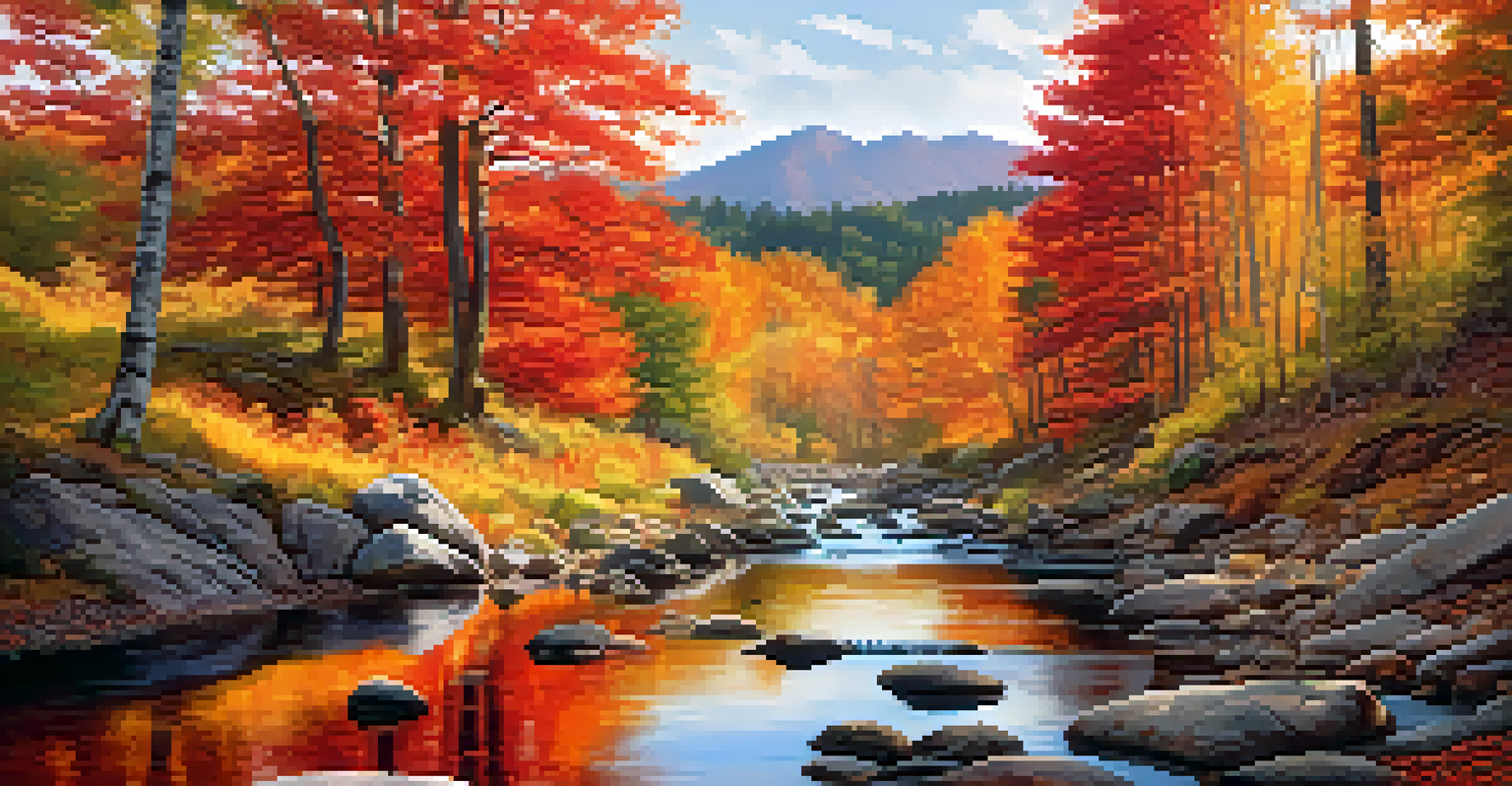 A beautiful autumn landscape with colorful foliage and hikers enjoying a nature walk.
