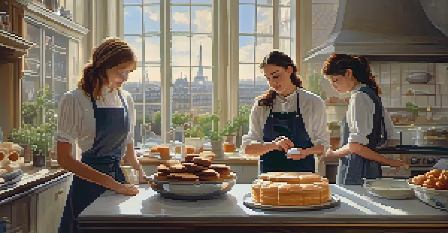 A French cooking class in a cozy kitchen with students working on soufflés, surrounded by cooking tools and a view of Paris outside the window.