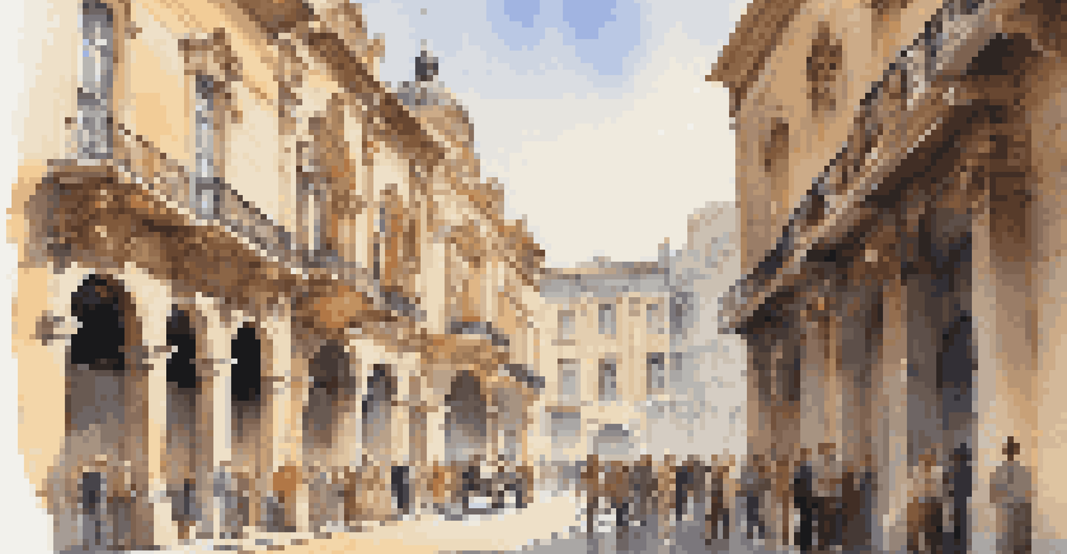 A street performer framed by archways in a historic city, illuminated by sunlight.