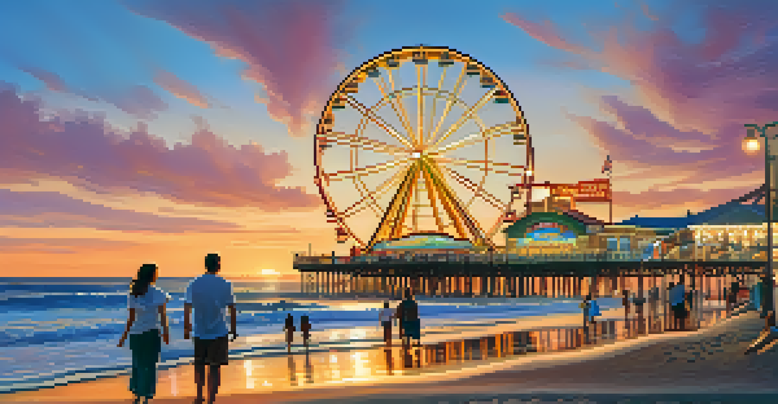 A lively sunset scene at Santa Monica Pier with the Ferris wheel, beachgoers, and the ocean reflecting warm colors.