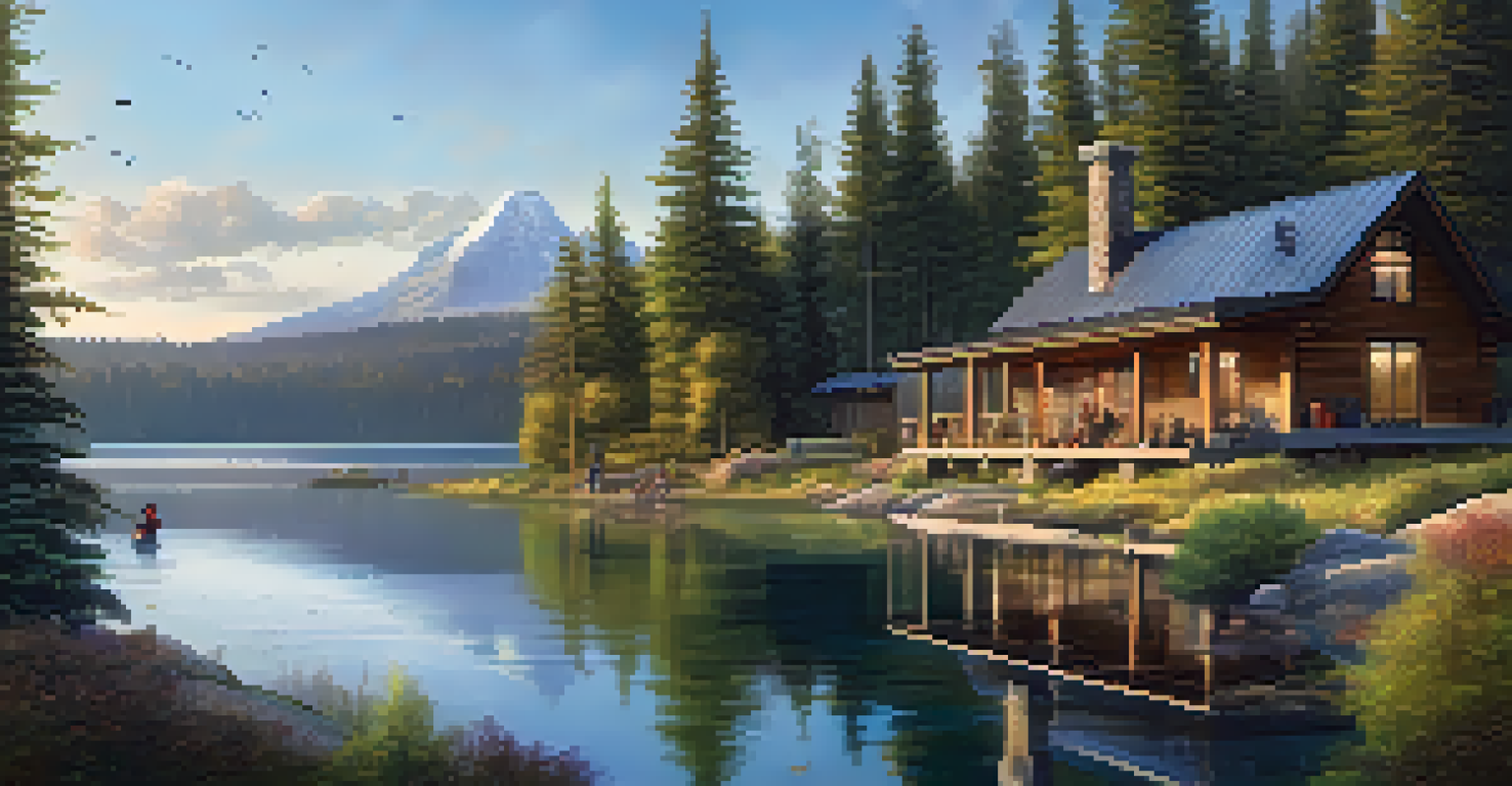An eco-friendly lodge in a natural setting with travelers engaged in conservation activities, surrounded by trees and a lake, illuminated by evening light.