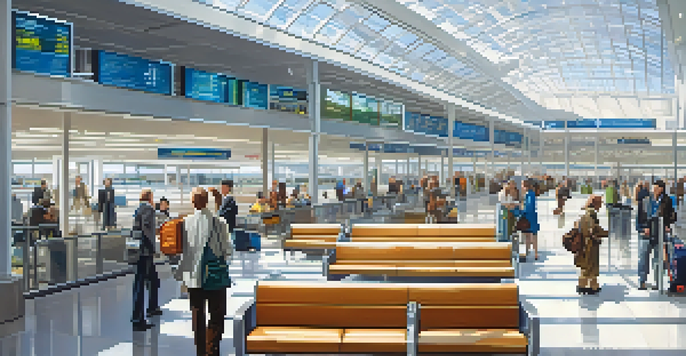 A spacious and accessible airport terminal with ramps and elevators, filled with travelers of various backgrounds. The terminal is brightly lit with large windows and features clear signage, including Braille.