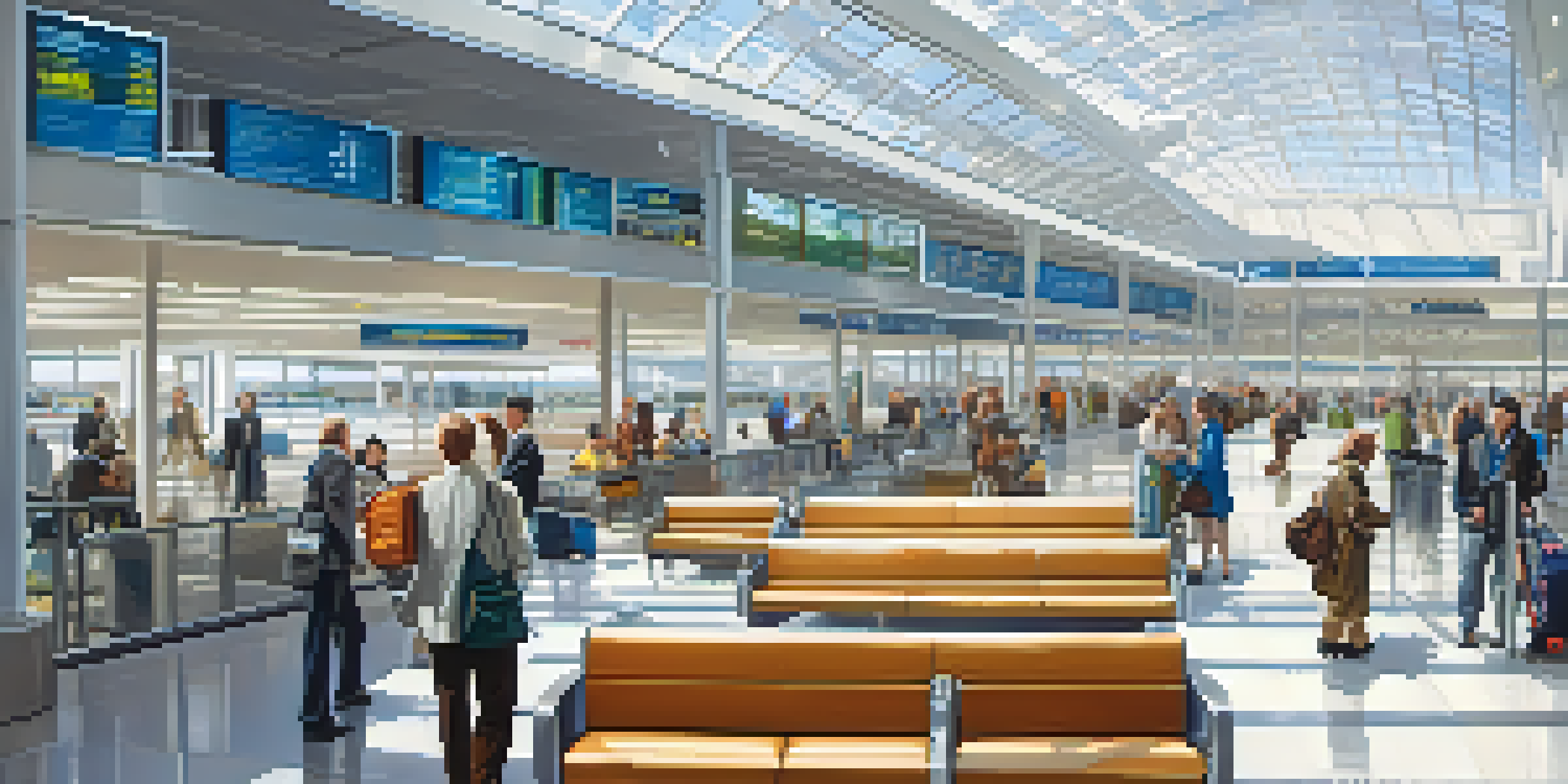 A spacious and accessible airport terminal with ramps and elevators, filled with travelers of various backgrounds. The terminal is brightly lit with large windows and features clear signage, including Braille.