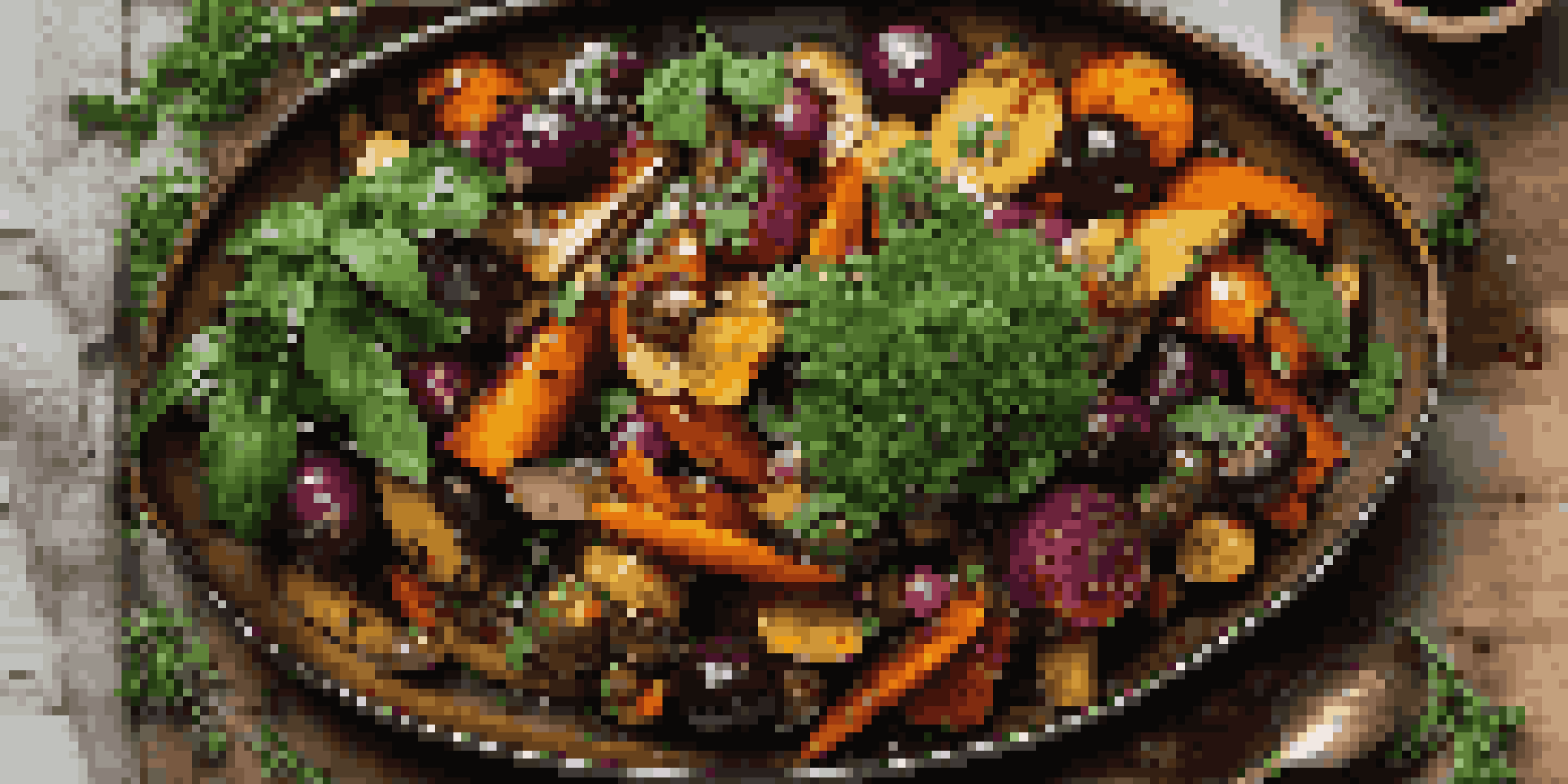A beautifully arranged plant-based dish with roasted vegetables and legumes on a rustic table, illuminated by warm light.