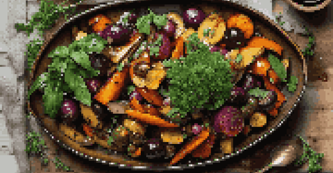 A beautifully arranged plant-based dish with roasted vegetables and legumes on a rustic table, illuminated by warm light.