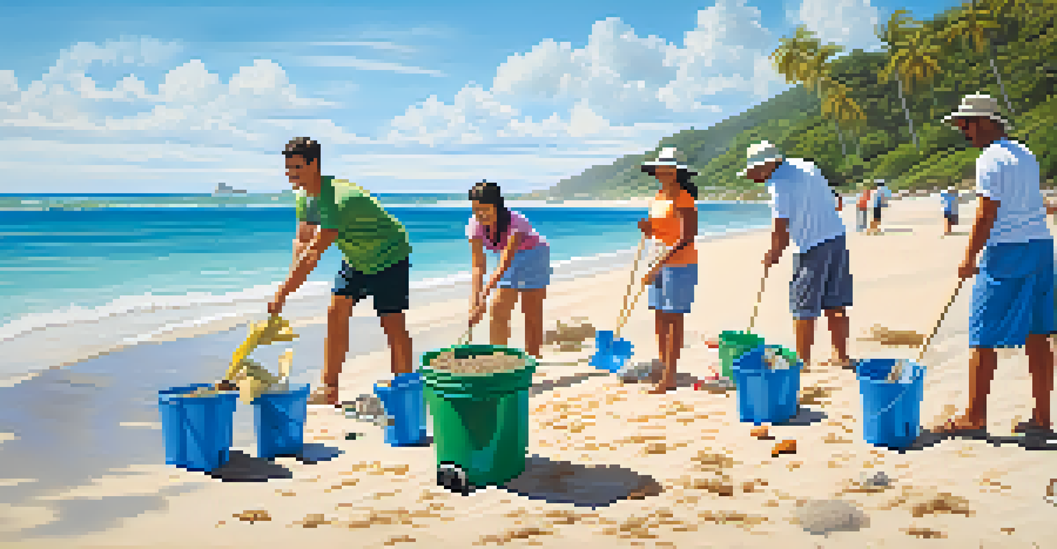Travelers engaging in a beach clean-up, showcasing teamwork and a pristine beach setting.