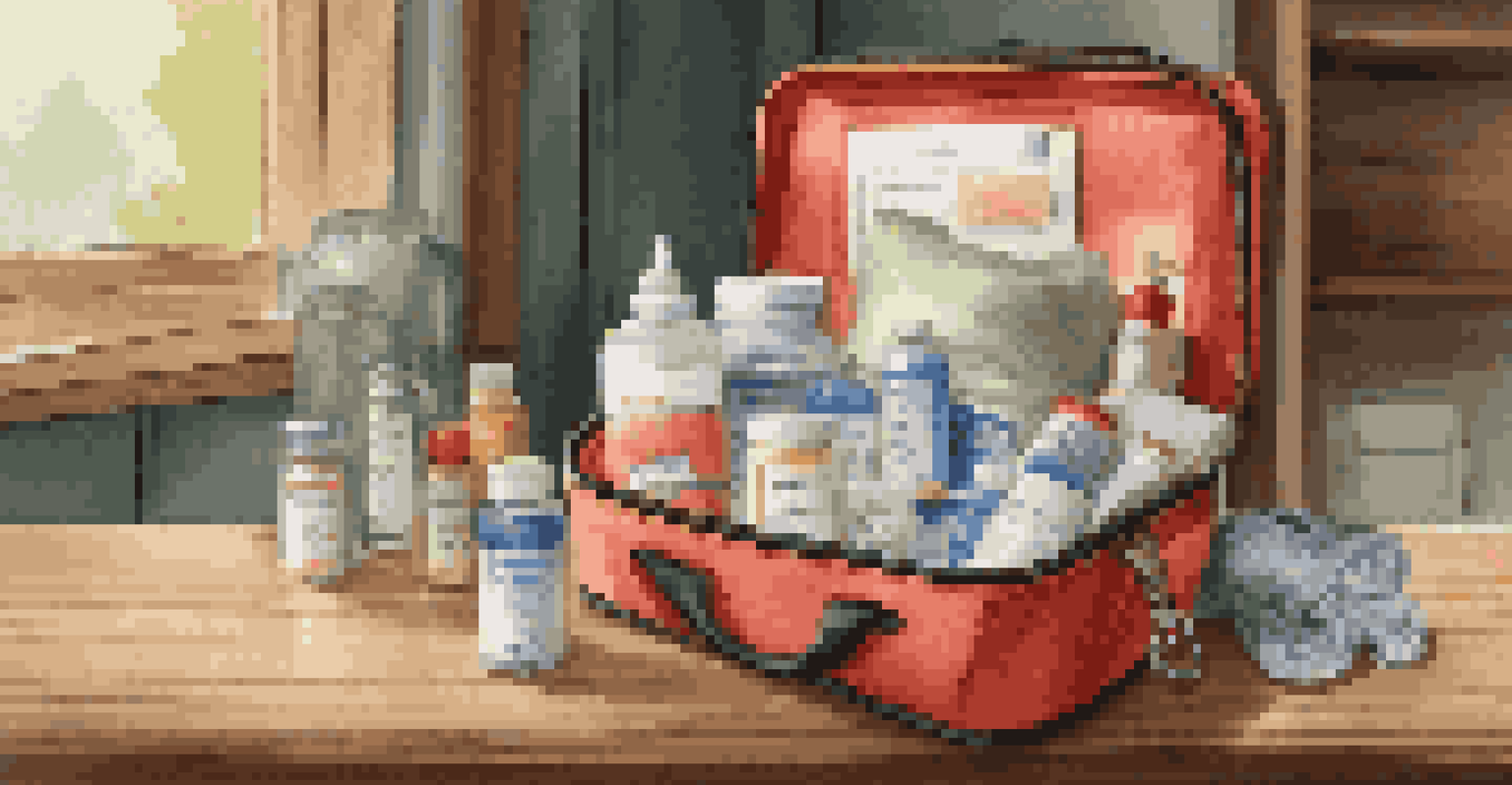 A pet travel emergency kit displayed on a wooden table with various supplies for pet care.