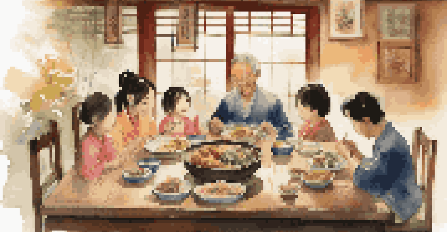 A family dining in an Asian home, children using chopsticks at a table filled with traditional dishes, under soft warm lighting.