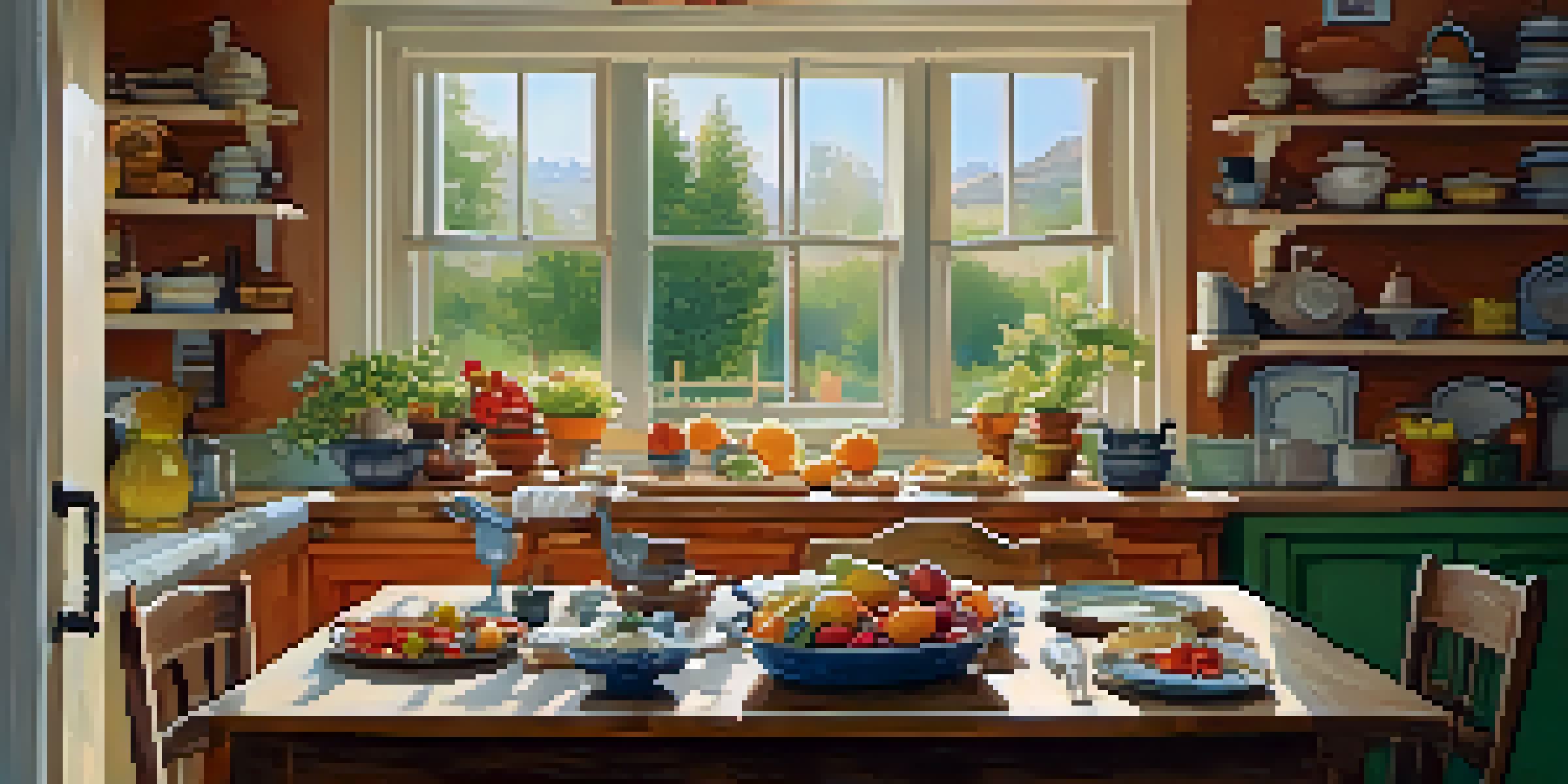 A cozy kitchen with a wooden table set for cooking, surrounded by family photos and bathed in soft natural light.