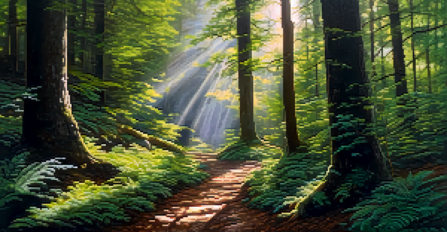A hiking trail in a forest, with a guide leading a diverse group of travelers, illuminated by sunlight filtering through the trees.