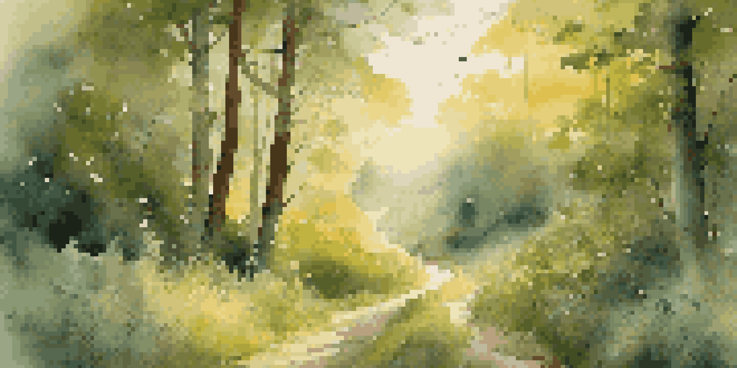 A lush green forest at sunrise with a winding path and wildflowers, illuminated by soft golden light.