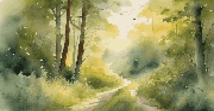 A lush green forest at sunrise with a winding path and wildflowers, illuminated by soft golden light.