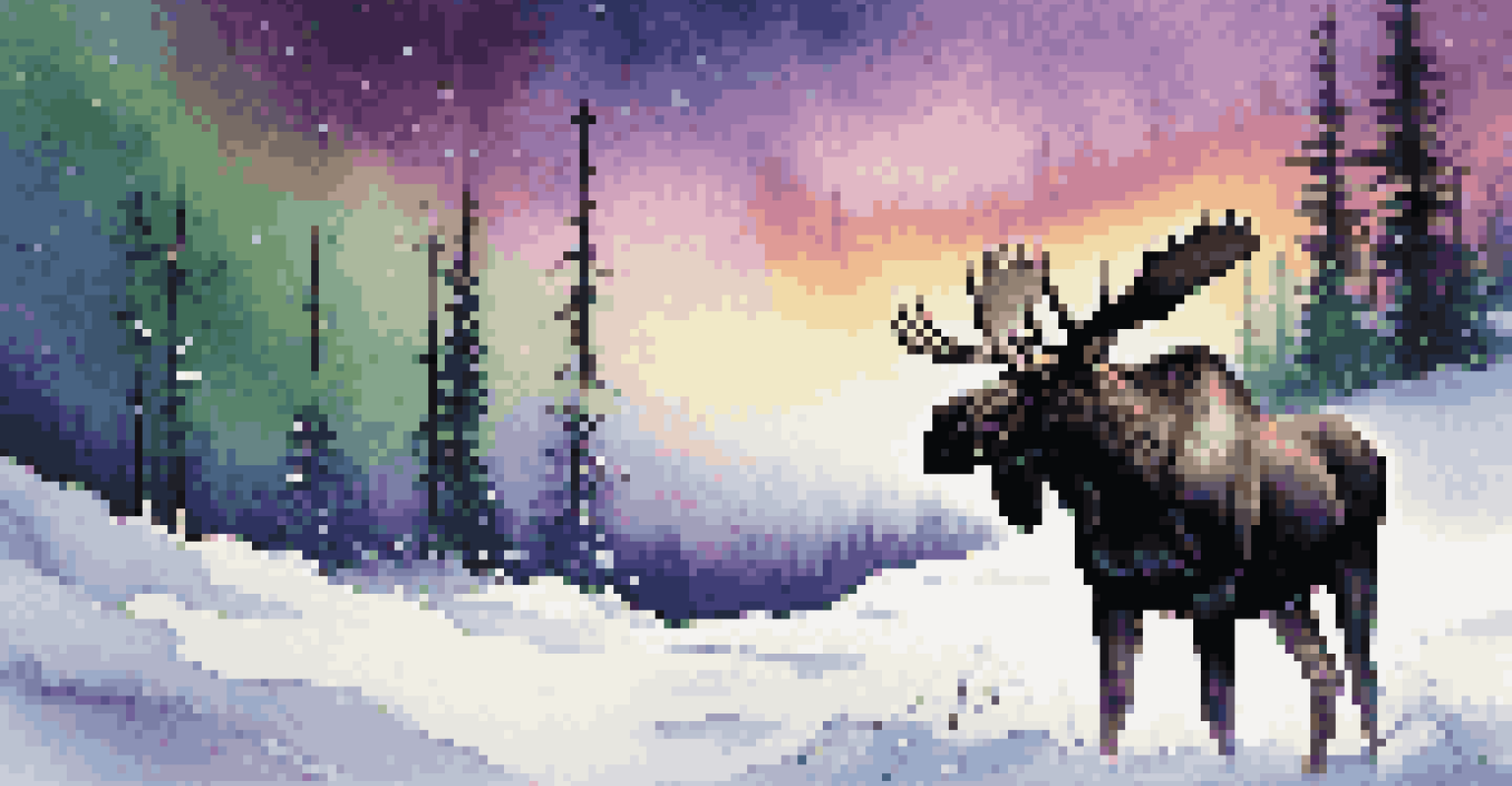 A majestic moose in a snowy Alaskan forest under the Northern Lights, showcasing the beauty of winter wildlife.