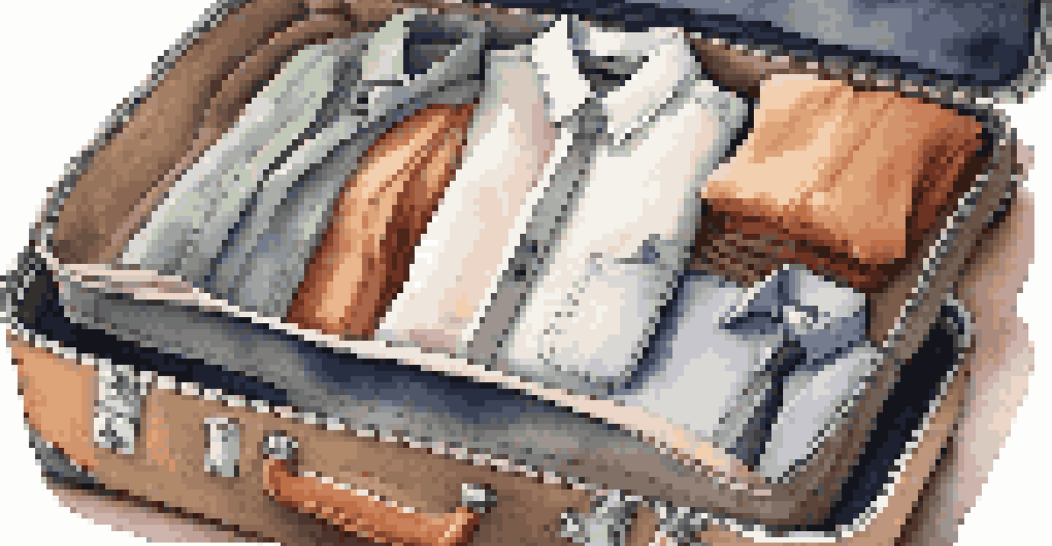 A close-up of a suitcase packed with sustainable clothing and reusable packing cubes, illuminated by warm light.