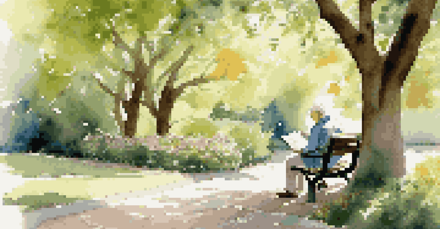 A senior sitting on a park bench, reading a travel book surrounded by nature.