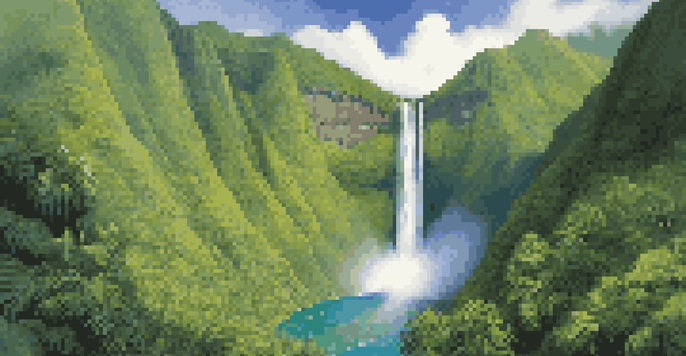 Aerial view of Manawaiopuna Falls, surrounded by lush rainforest and rocky cliffs, with sunlight filtering through the trees.