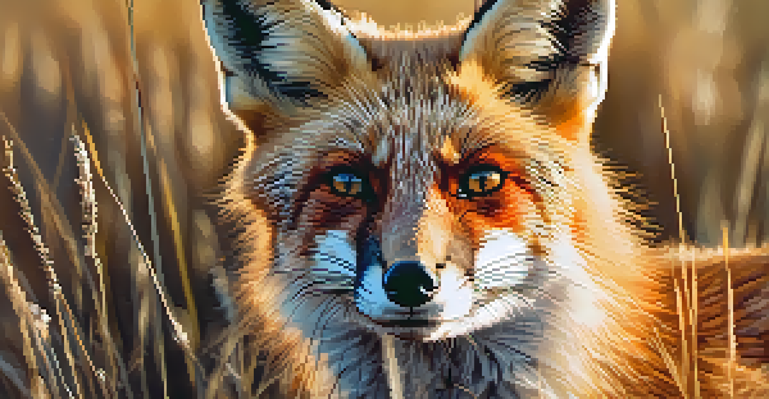 A vibrant red fox peeking through tall grass at sunset, with warm sunlight illuminating its fur and a blurred background.