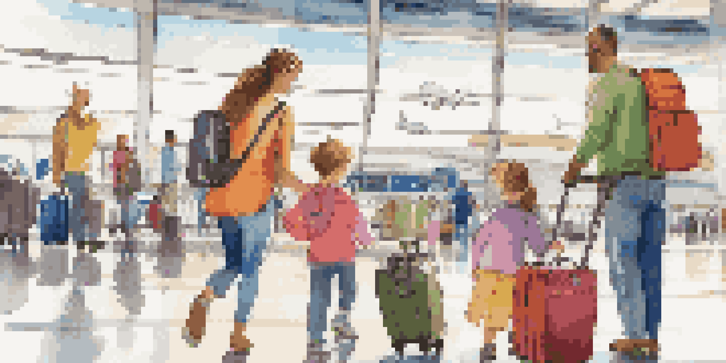 A family with young kids at an airport, happily organizing a packing list on a tablet, surrounded by colorful luggage and travel essentials.