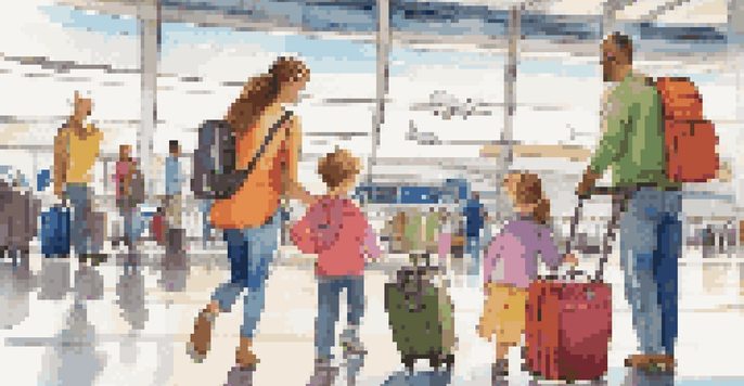 A family with young kids at an airport, happily organizing a packing list on a tablet, surrounded by colorful luggage and travel essentials.