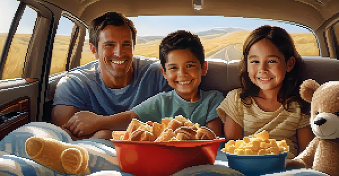 A family enjoying a road trip in a cozy car, with children snuggled in blankets and a parent driving.