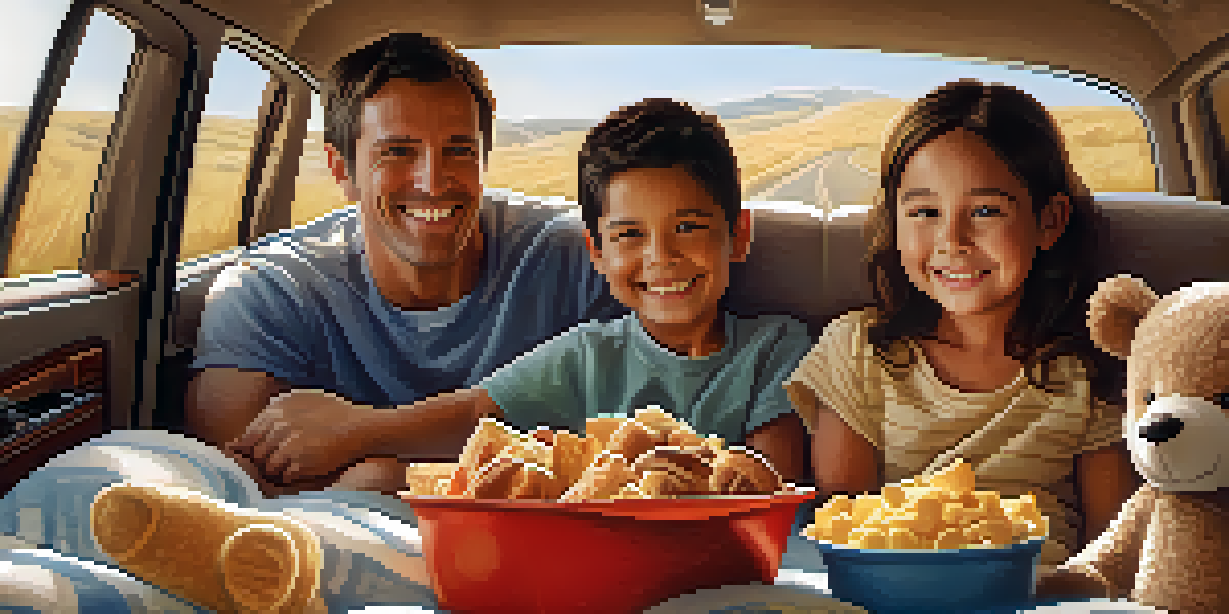 A family enjoying a road trip in a cozy car, with children snuggled in blankets and a parent driving.