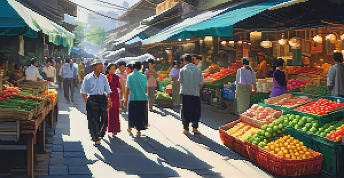 A colorful market scene with various food stalls and people interacting, highlighting a friendly vendor and a tourist.