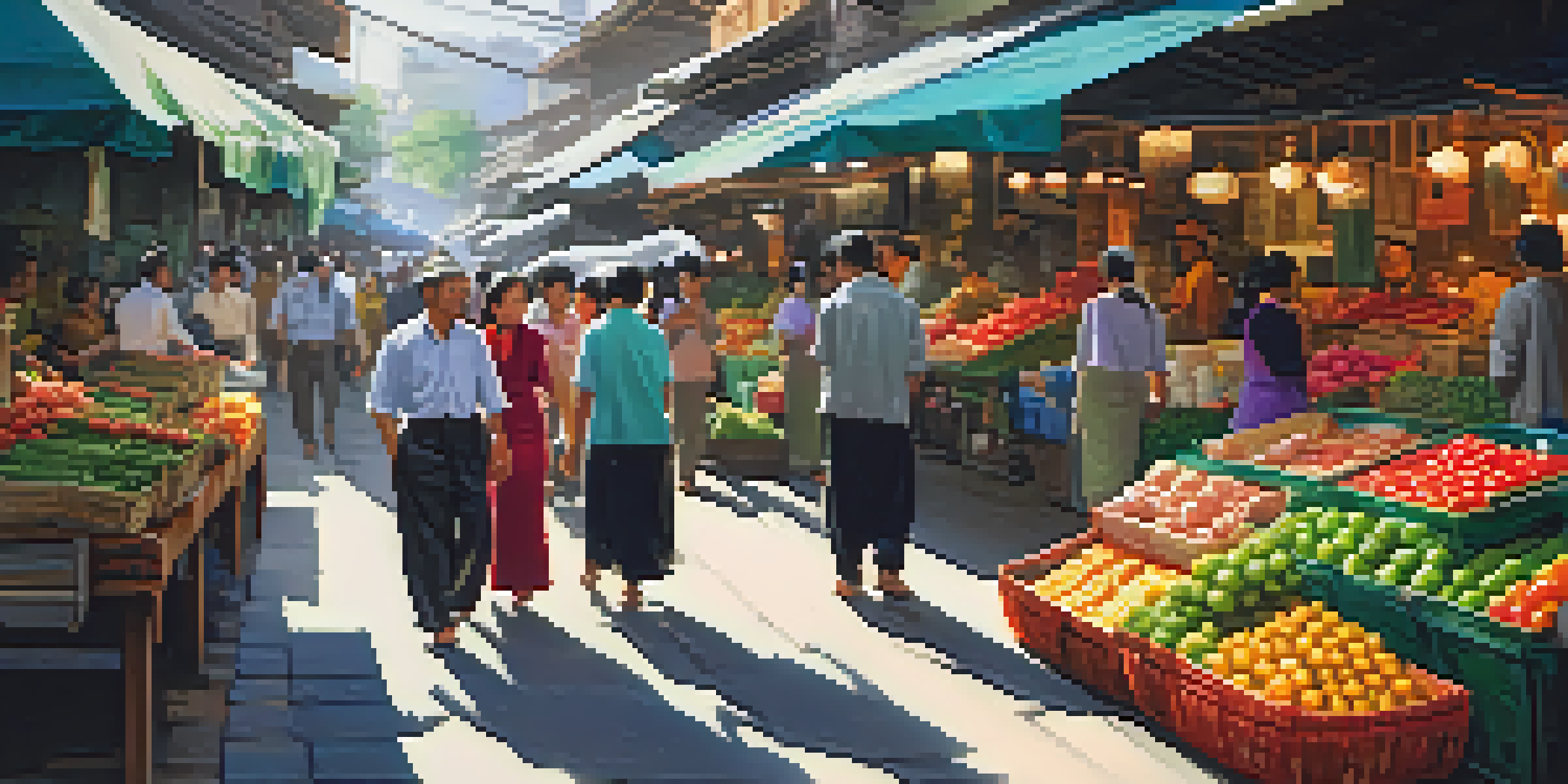 A colorful market scene with various food stalls and people interacting, highlighting a friendly vendor and a tourist.