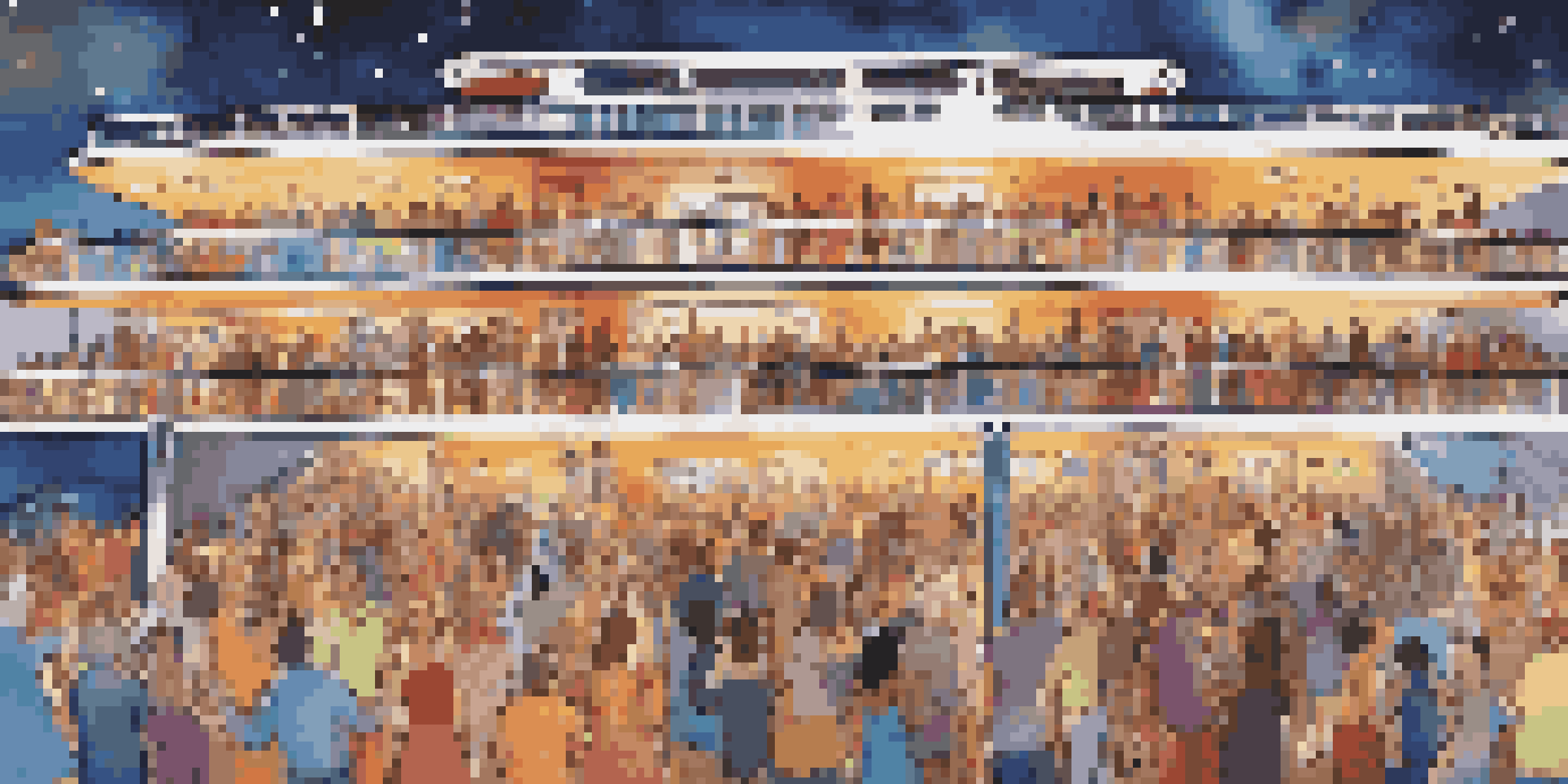 A lively scene of passengers dancing on a cruise ship deck at night, illuminated by colorful lights and surrounded by the ocean and stars.